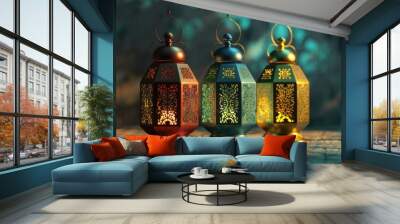 A 3D illustration of a fanoos, fanous or Ramadan lantern with handle. Religious decorations used during Islamic holidays. Wall mural