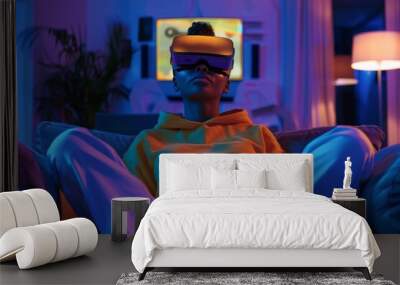 A black woman playing a video game at home using virtual reality glasses and a joystick Wall mural