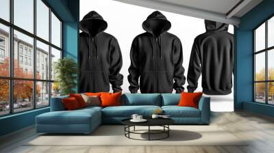 A blank black male hooded sweatshirt long sleeve with clipping path, for your design mockup, isolated on a white background. Template for winter clothing. Wall mural