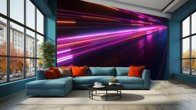 A blue pink and purple neon glow laser beam light line moving quickly, diametric, high speed internet, cyberpunk, techonogy backdrop, futuristic abstract imagery. Wall mural