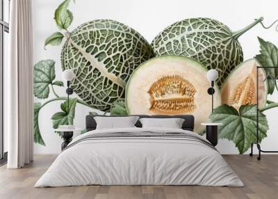 A cantaloupe melon isolated on transparent background. An old botanical illustration of a cantaloupe. Wall mural