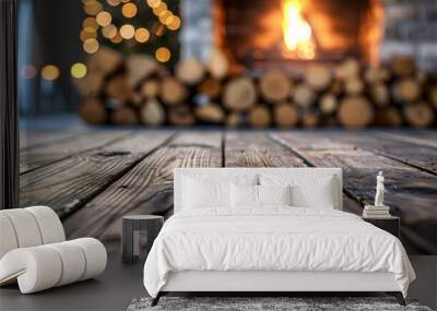 A close-up of the natural wooden floor in a fireplace-filled room. Wall mural