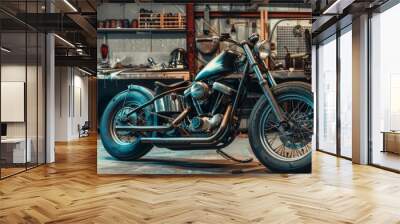 A custom Bobber Motorcycle stands in an authentic creative workshop under a warm light. Wall mural