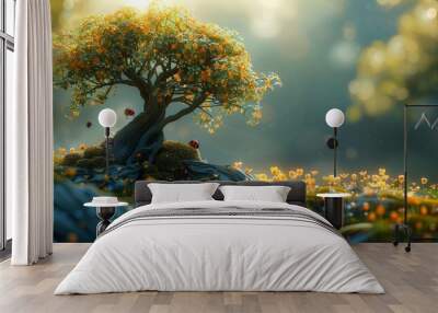 A fantasy bonsai carmona tree in an elf forest, a fairytale glade in the elves' magic wood with sunrise rays, and blooming golden bluebells in a fairy tale garden. Wall mural