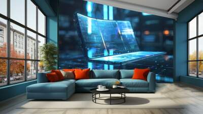 A foldable smartphone with a flexible display hanging over a table. Technology transforming a smartphone into a tablet. Illustration of an electronic smart device. Wall mural