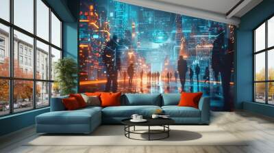 A global hologram, business people, and digital transformation. This image has a scifi, cyberpunk, or information technology light innovation background. Wall mural