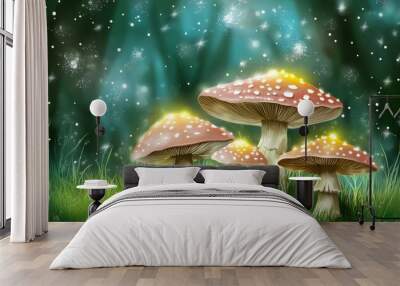 A glowing mushroom is seen against a nighttime background in the jungle Wall mural