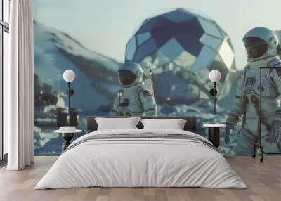 A manned mission searching for habitable planets on an alien planet. Two astronauts walking towards the rover and geodesic dome. High-tech space exploration concept. Wall mural