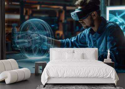 A manufacturing factory chief engineer wears an AR headset and designs a model of a motor using a holographic projection blueprint. A futuristic virtual design application of mixed technology. Wall mural