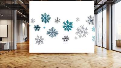 A minimal modern background with winter snowflakes. Macro snowflakes flying seamless border, holiday card with many flakes confetti. Wall mural