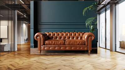 A mock-up of a living room wall featuring a leather sofa and a leather chair in bright tones. Wall mural