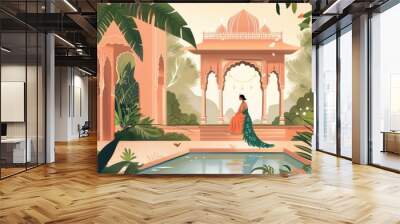 A modern illustration of a Mughal queen sitting in a garden with peacocks, birds, plants, temples, and archways Wall mural