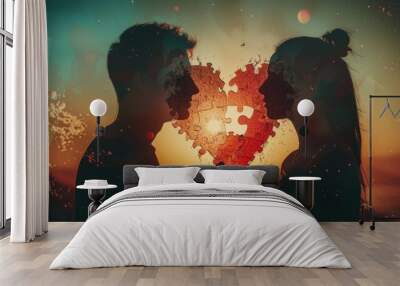 A multi exposure image of a silhouetted man and woman holding puzzle pieces for a red heart. Wall mural