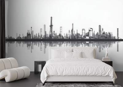 A refinery plant in a landscape with a separate layer for the sky is depicted in this line drawing. Wall mural