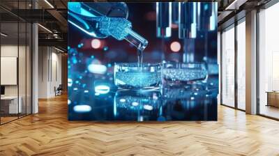 A scientist pours clear liquid into glass dishes with a micropipette. A chemistry concept for medical research and analysis. Wall mural