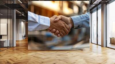 A successful deal is confirmed with a handshake between a male architect and a client on the construction site after confirming a blueprint for the renovation of a building. Wall mural