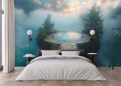 A transparent bridge links two mountains, providing stunning views of forested hills and cliffs Wall mural