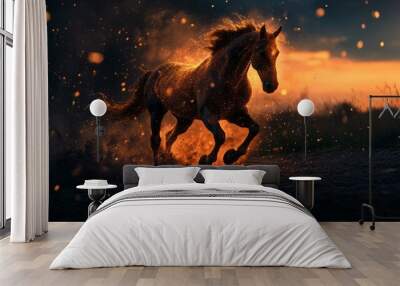 A triangle, line, and particle illustration of a horse running. Wall mural