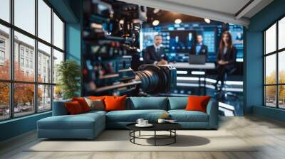 A TV news program with two anchors reporting live events, discussing business, economy, science, entertainment. A TV cable channel with a variety of anchors in the newsroom. Wall mural