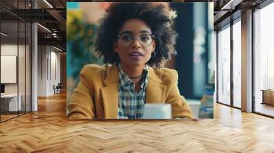 A video conference call took place in the office meeting room between a black female executive and a multi-ethnic group of entrepreneurs, managers, and investors. Businesspeople discussed e-Commerce Wall mural