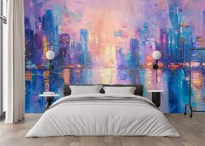 A view of the skyline reflected in the water, original oil painting on canvas. Wall mural