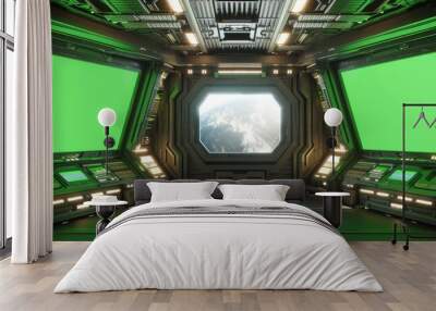 A white interior of a spaceship with an isolated window. A futuristic spacecraft with glowing blue and red control panels and an empty view. Wall mural