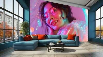 A young trend girl in a transparent latex raincoat with a cyberpunk twist. Wall mural