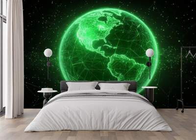 Abstract dark background with green energy spheres and waves of magical glowing Wall mural