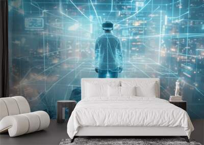 Abstract double exposure image of a businessman wearing smart glasses or virtual reality glasses overlaying a virtual hologram image. This symbolizes communication, the internet of things, and the Wall mural