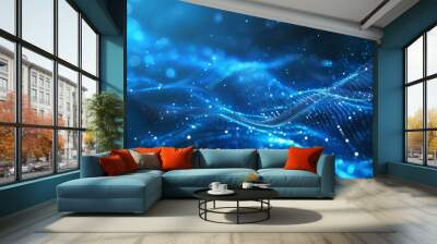 An abstract background of blue technology and futuristic digital lines. Dynamic wave and particle communication. A modern tech design complete with glowing motion and internet space concepts. Wall mural