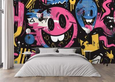 An abstract collage background with hipster stickers of smile faces in acid design. A retro pop happy psychedelic banner with hand drawn graffiti. Wall mural