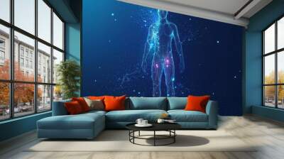 An abstract modern illustration of a human body with neon particles. Illustration of a standing man in blue, full length. It has a front view in the form of a cloud of dots. Neon particles are used Wall mural