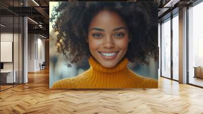 An African girl standing outside a European city in the open air, smiling in the street Wall mural