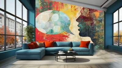 An art collage featuring a man's head with a speech bubble. Wall mural