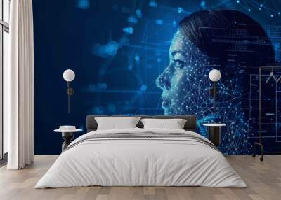 An artificial intelligence in the form of a wise woman. A futuristic blue banner depicting cybernetics mind analysis data. A neuron network processes information. Computer icons dominate the Wall mural