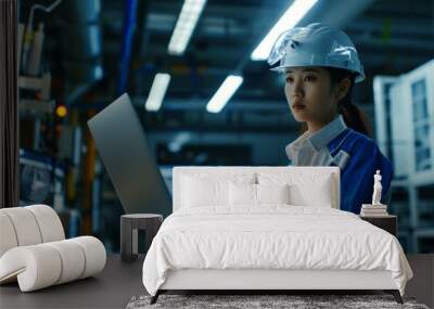 An Asian female engineer using a laptop computer at an electronics manufacturing factory. Taking notes and looking at development data. Wall mural