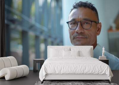 An attractive 45-year-old aboriginal Australian wearing glasses, a formal slick hairstyle, a white shirt and sitting beside a huge window in a modern office building Wall mural