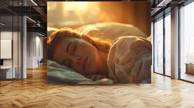 An attractive brunette sleeps in her bed for a while while early morning sunrays illuminate her. A warm, cozy and sweet picture of a beautiful girl sleeping in her bed. Wall mural