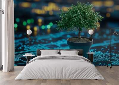 An electronic circuit pot sprouts a lush green tree on a background of a blue interface Wall mural