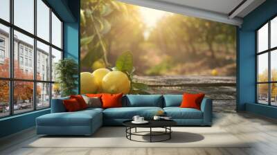 An empty wooden tabletop is framed by a blurred lemon farm background. Wall mural