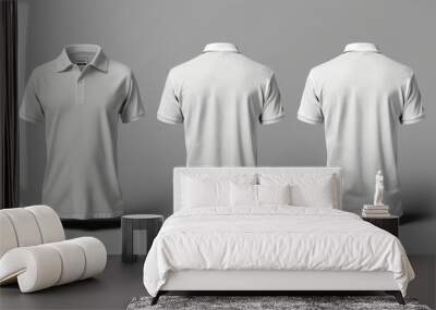 An example of a polo shirt template on a grey background, showing the front, sideways, and behind Wall mural