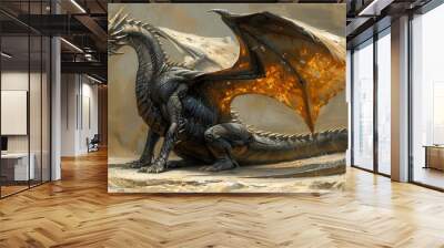 An illustration of a fierce black winged dragon from a fantasy story. Wall mural