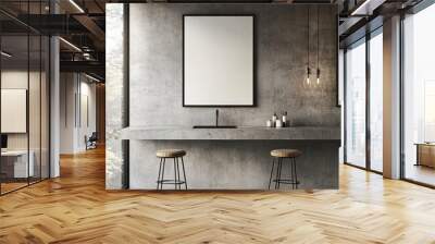 An interior design mockup of a grey kitchen with a bar island and cooking cabinet. Wall mural