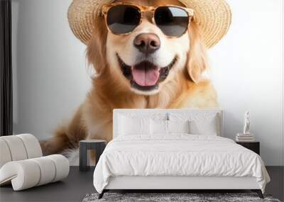 An isolated white background shows a dog wearing glasses and a hat, with a transparent cutout around its head Wall mural