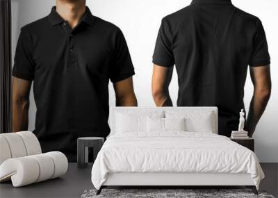 An isolated white background shows a man with a blank black polo shirt, front and back. Design the polo shirt, template and mockup for print. Wall mural