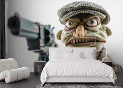 An isolated white background with a puppet playing a tyrant with a gun. Wall mural