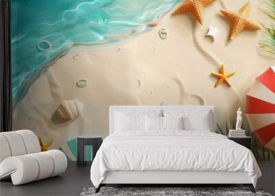 An umbrella and beach towel on a sand background in a flat lay summer vacation shot. Wall mural