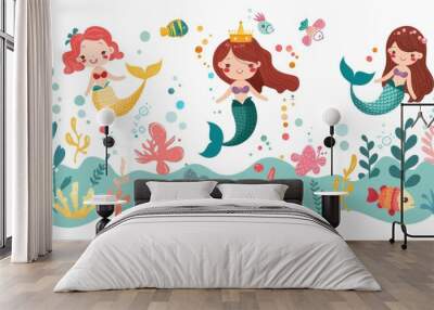 An undersea tale world element, sea fish and mermaids are featured on this Mermaid Birthday Party poster template. The background depicts a little princess in today's modern world. Wall mural