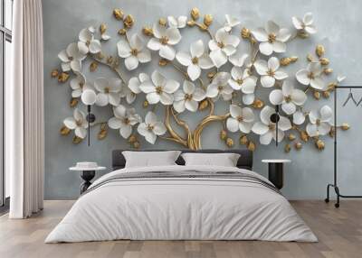 Animated 3D wallpaper of white flower leaves with golden stems. Wall mural