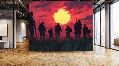 As the sun sets, a group of soldiers walk in silhouette Wall mural